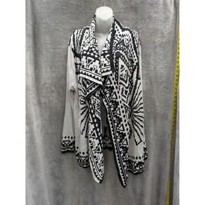 Aztec Waterfall Cardigan Women XL Black White Geometric Tribal Long Sweater‎